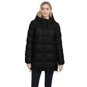 Women's Modern Supply by Sanctuary Hooded Long Puffer Coat Color: Onyx, Size: M
